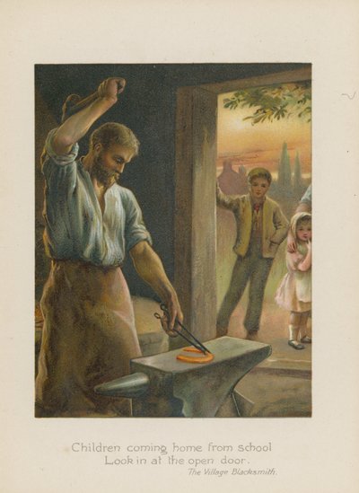 学校から帰ってくる子供たちが開いたドア（クロモリト）を覗き込む 作： Henry Marriott Paget